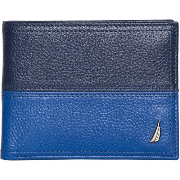Men's Blue Bifold Leather Wallet RFID Blocking ID Window Card Slots Organization - Picture 1 of 5
